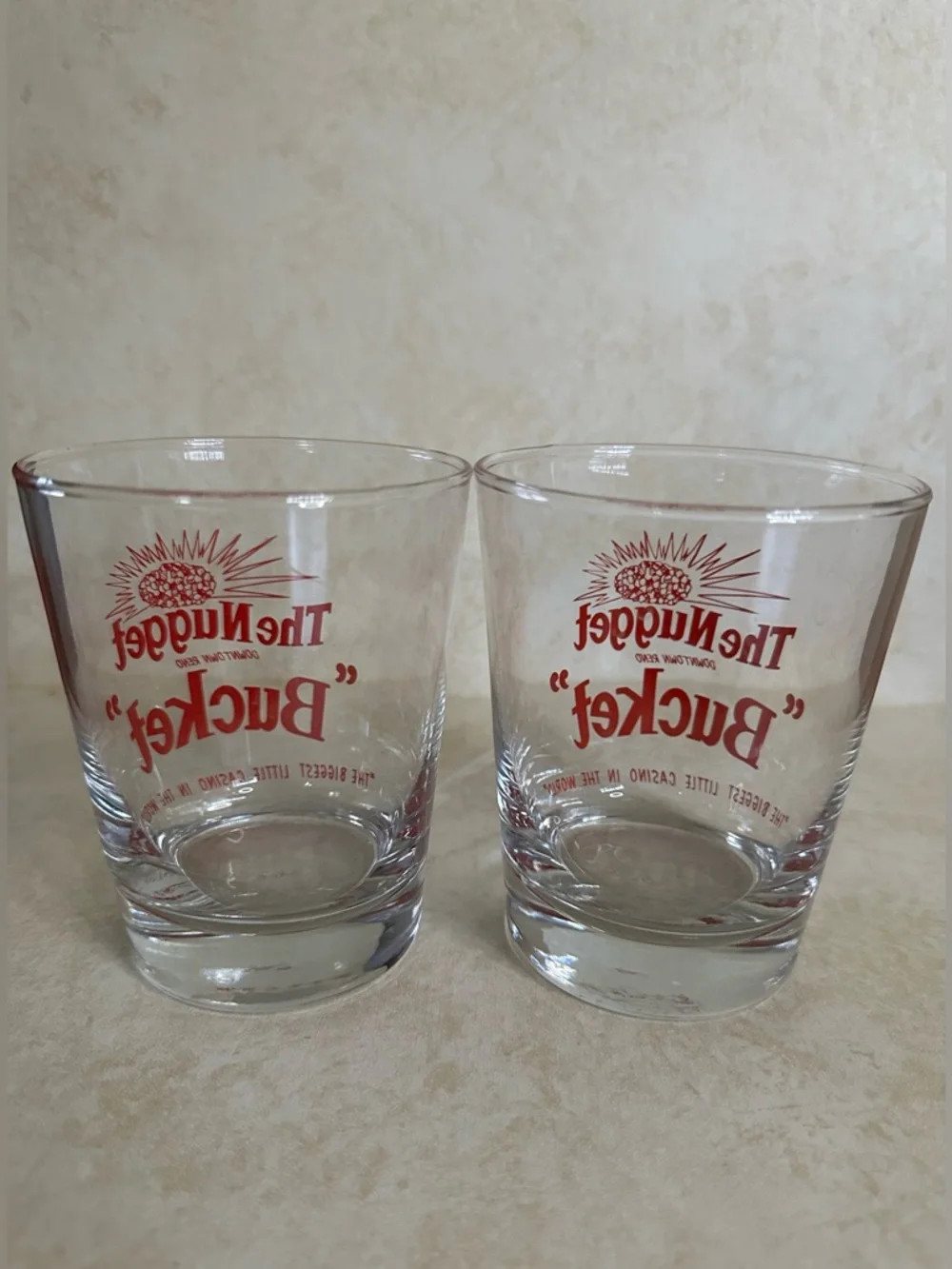 2 Vintage The Nugget Bucket Reno Casino Cocktail Bar Glasses Red Lettering 4.5”